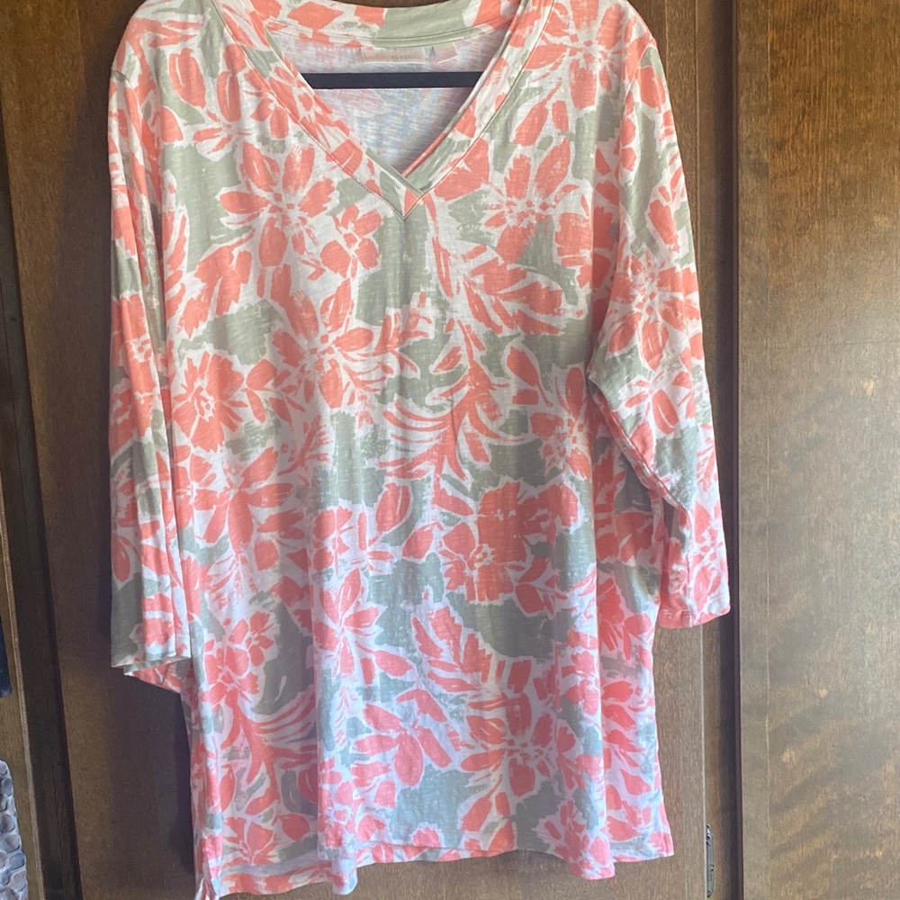 Belle by Kim Gravel Floral V-Neck Tunic - Peach and olive green